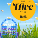 Image of grass, bees and the logo of The Hive at 52 B &B and of This place our voice podcast. All about hospitality